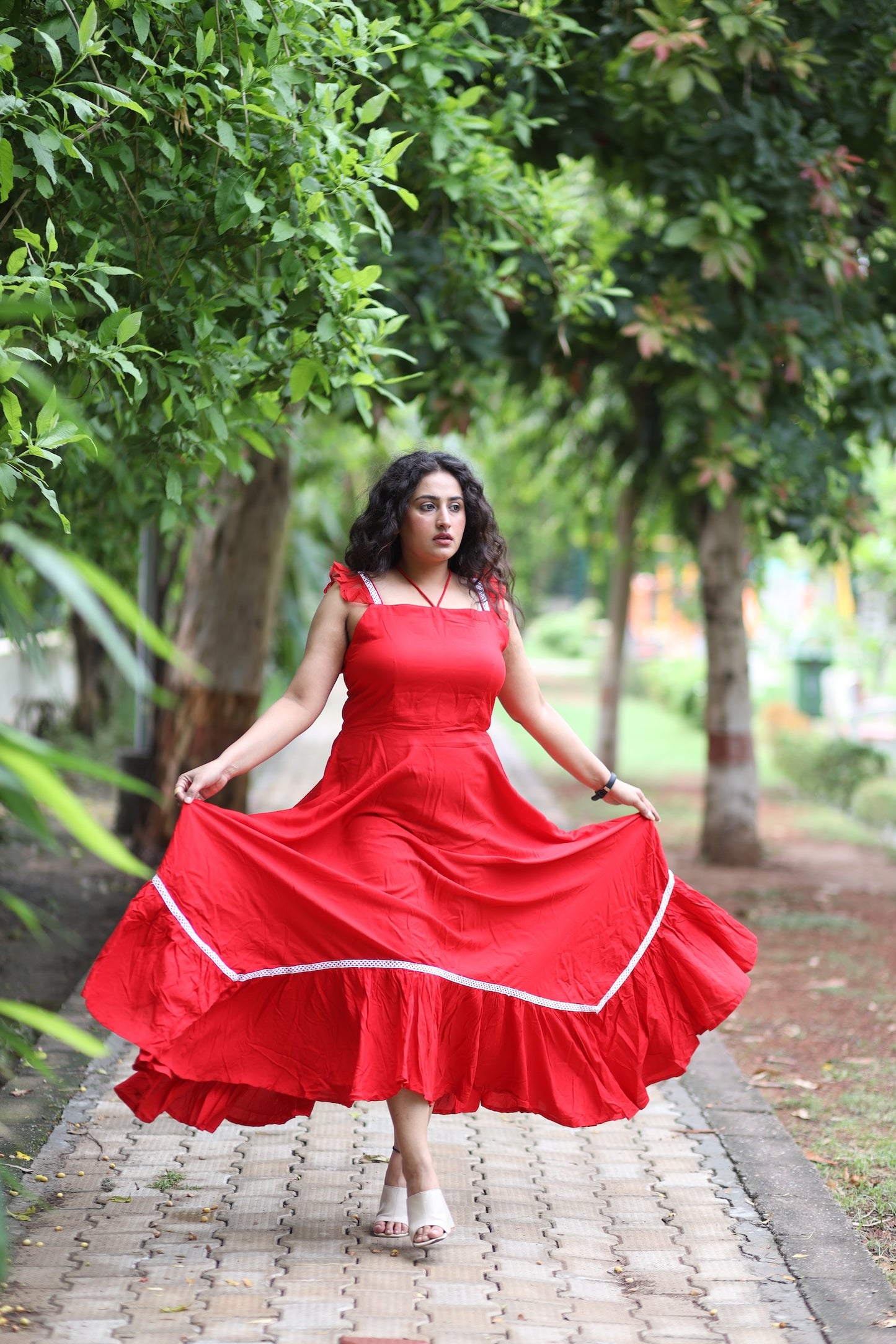 Red Cotton Dress Strappy Frilled Sleeves