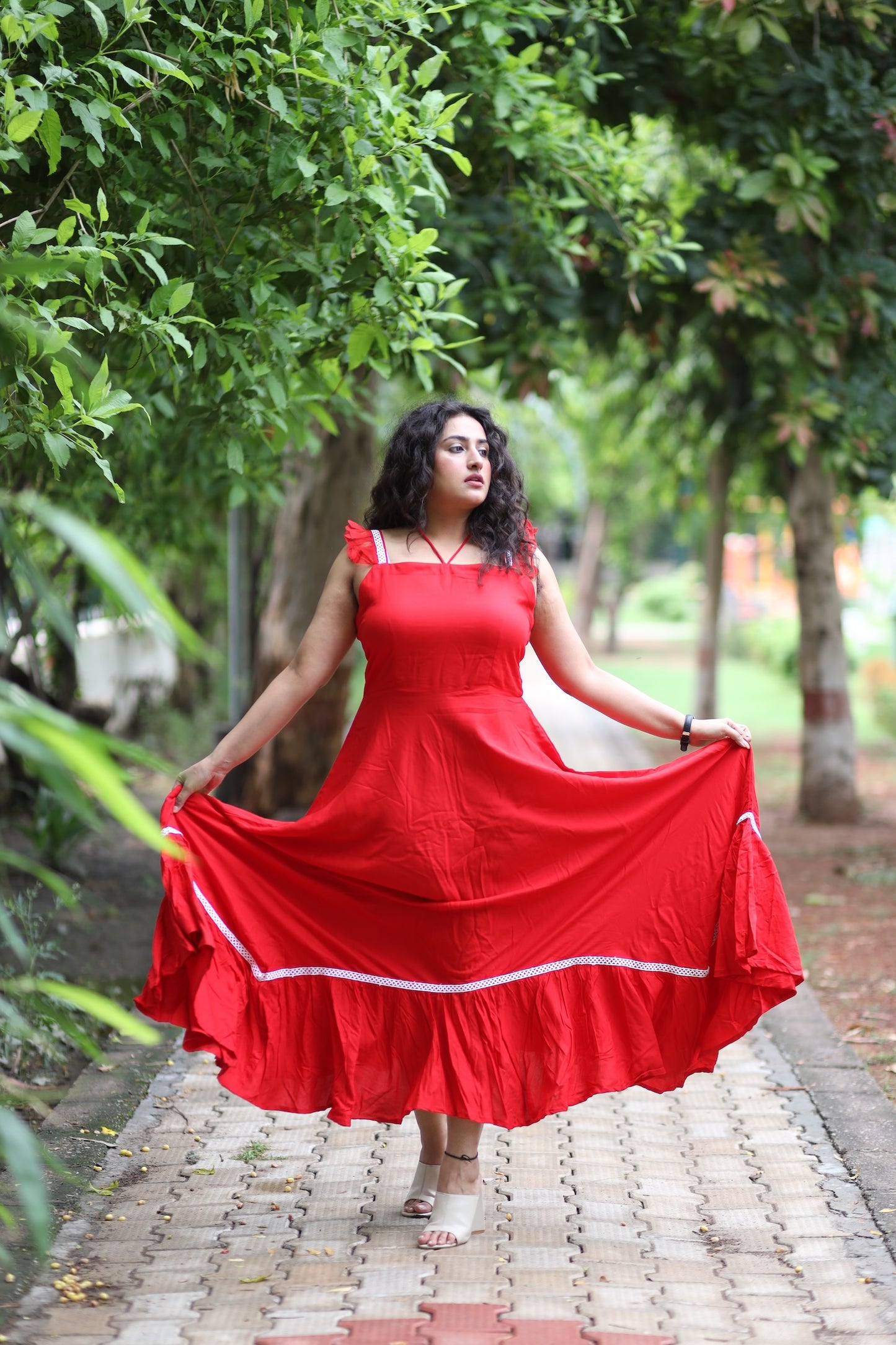 Red Cotton Dress Strappy Frilled Sleeves