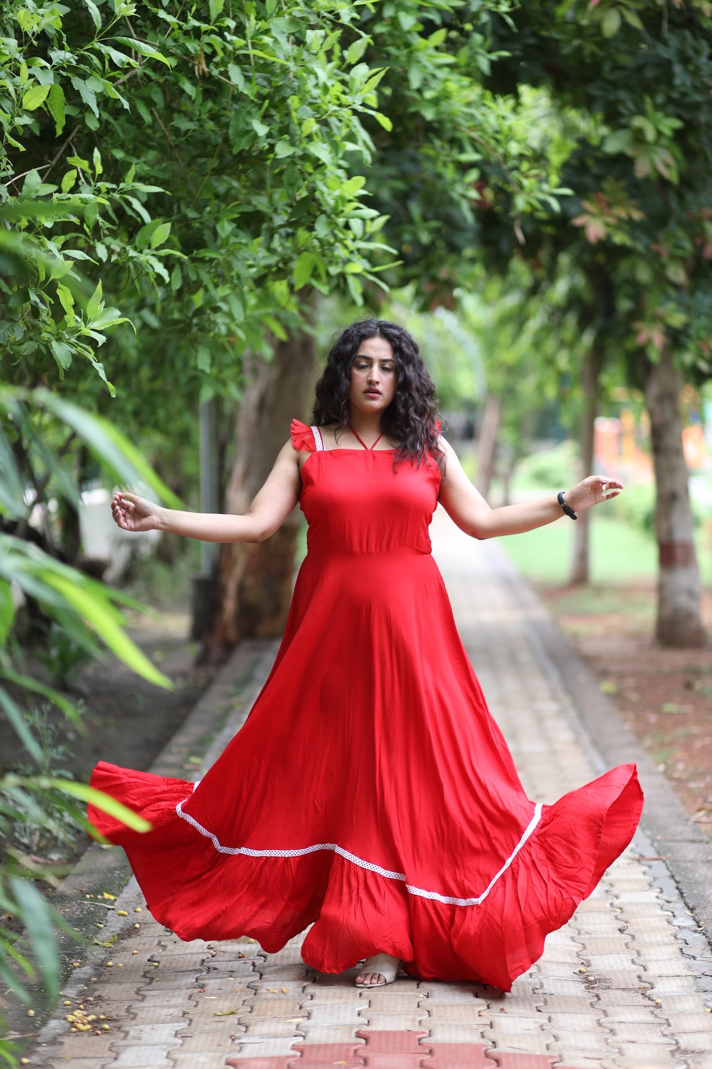 Red Cotton Dress Strappy Frilled Sleeves