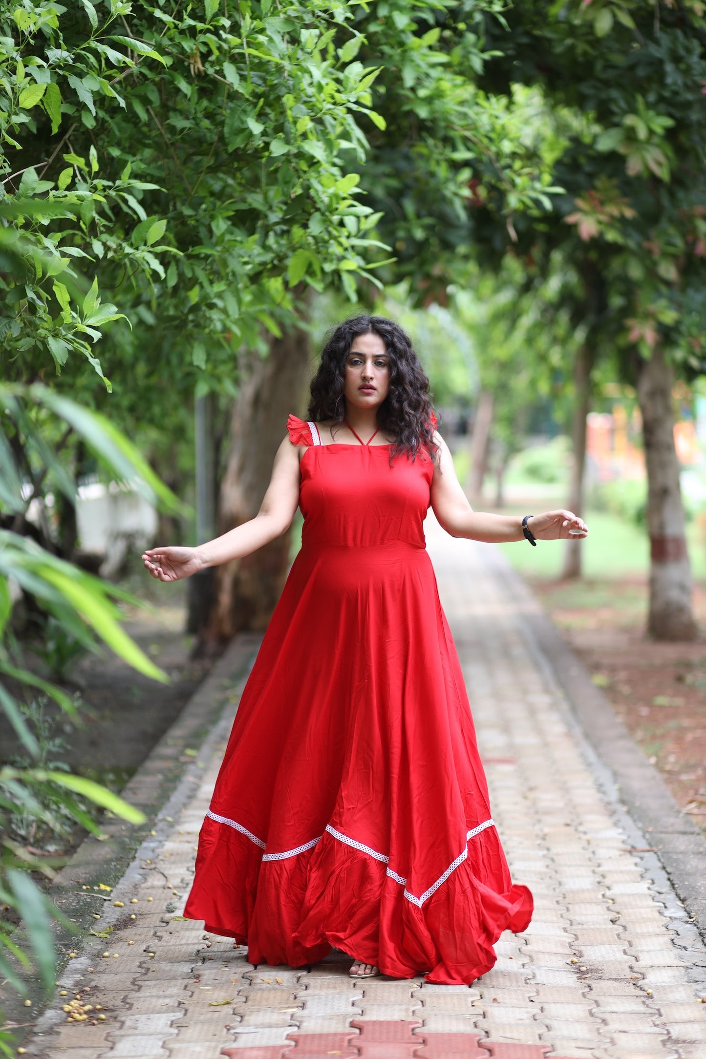 Red Cotton Dress Strappy Frilled Sleeves