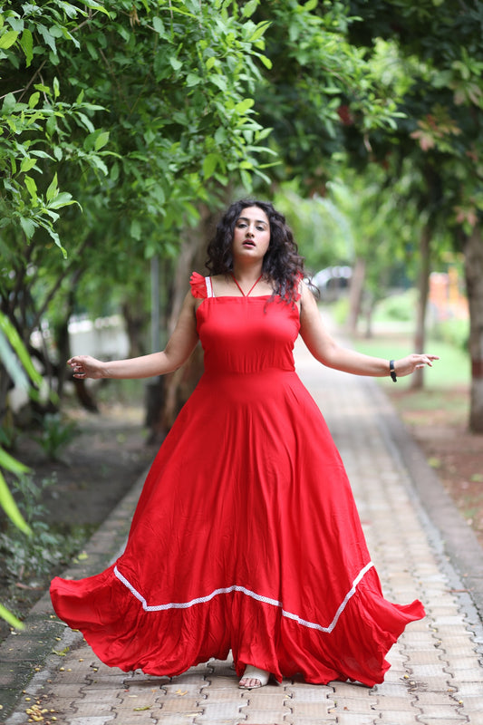 Red Cotton Dress Strappy Frilled Sleeves