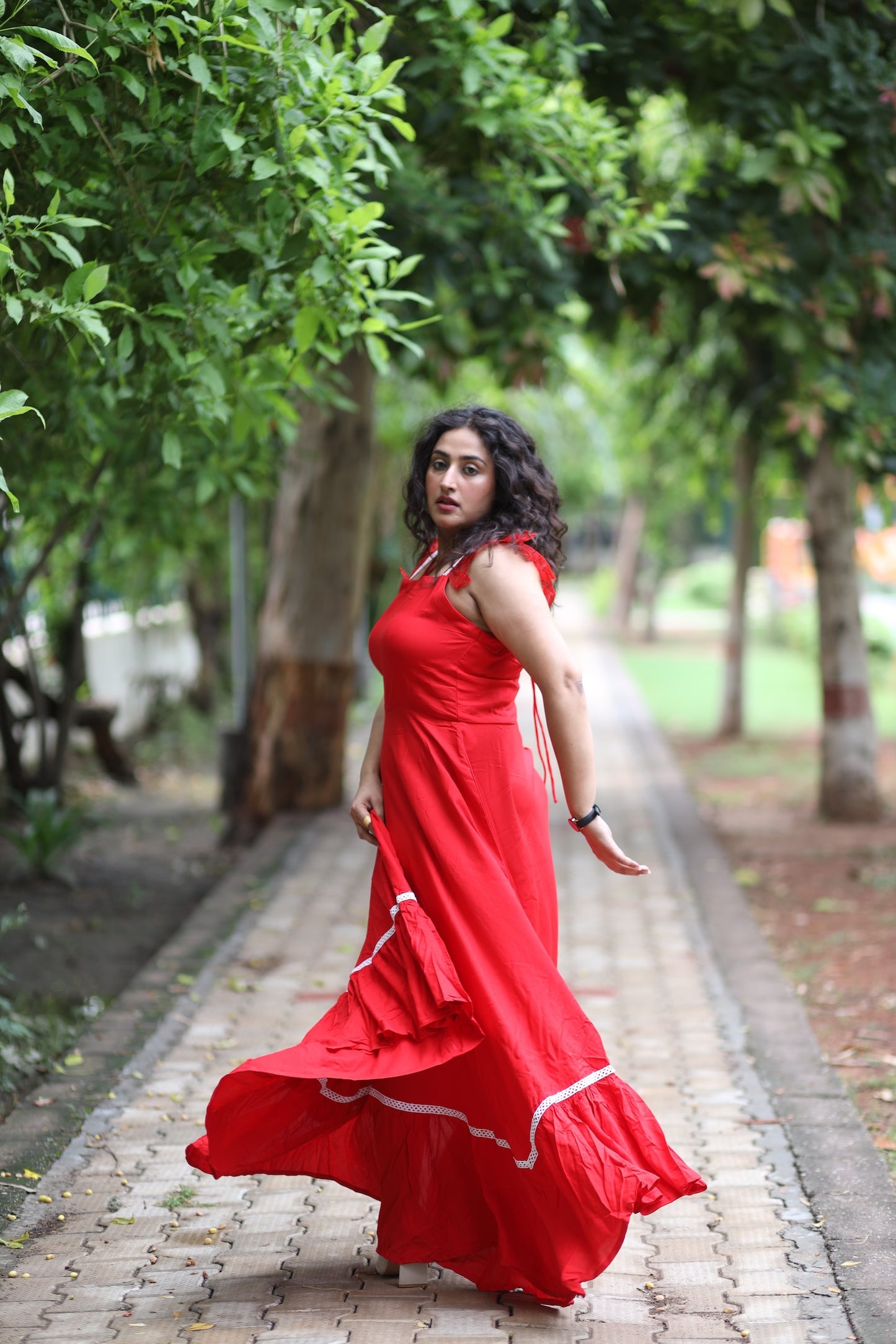 Red Cotton Dress Strappy Frilled Sleeves