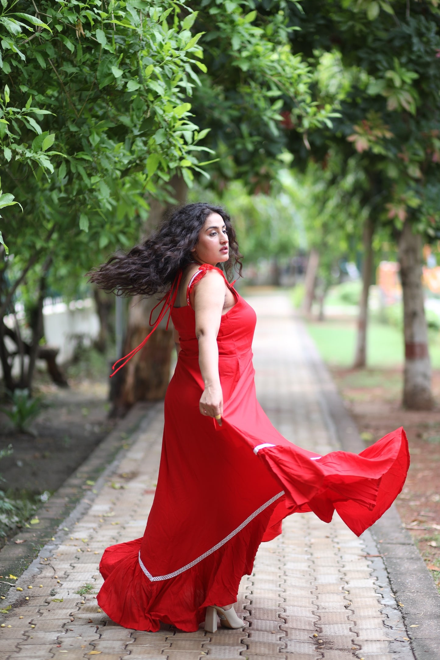 Red Cotton Dress Strappy Frilled Sleeves