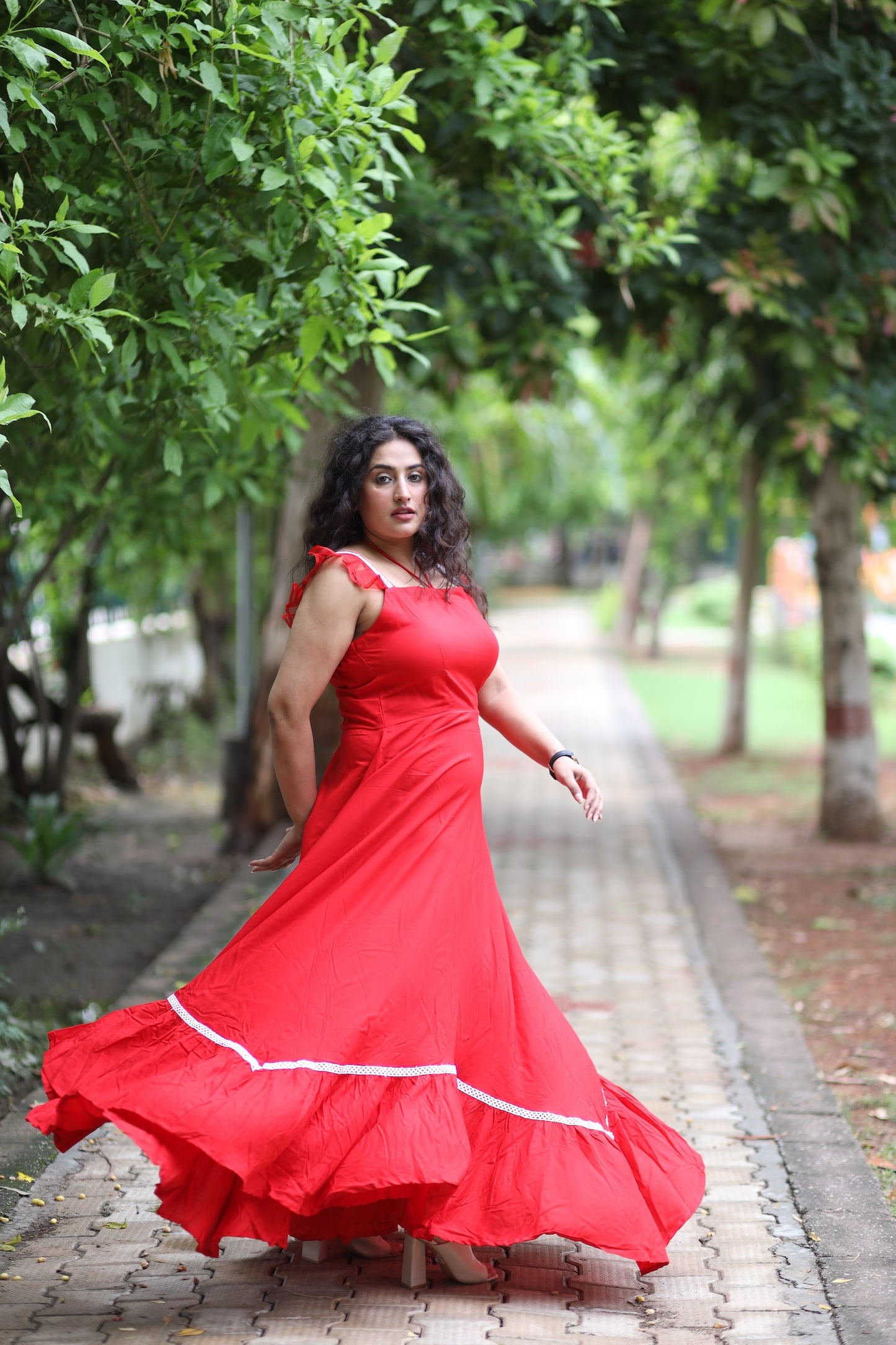 Red Cotton Dress Strappy Frilled Sleeves