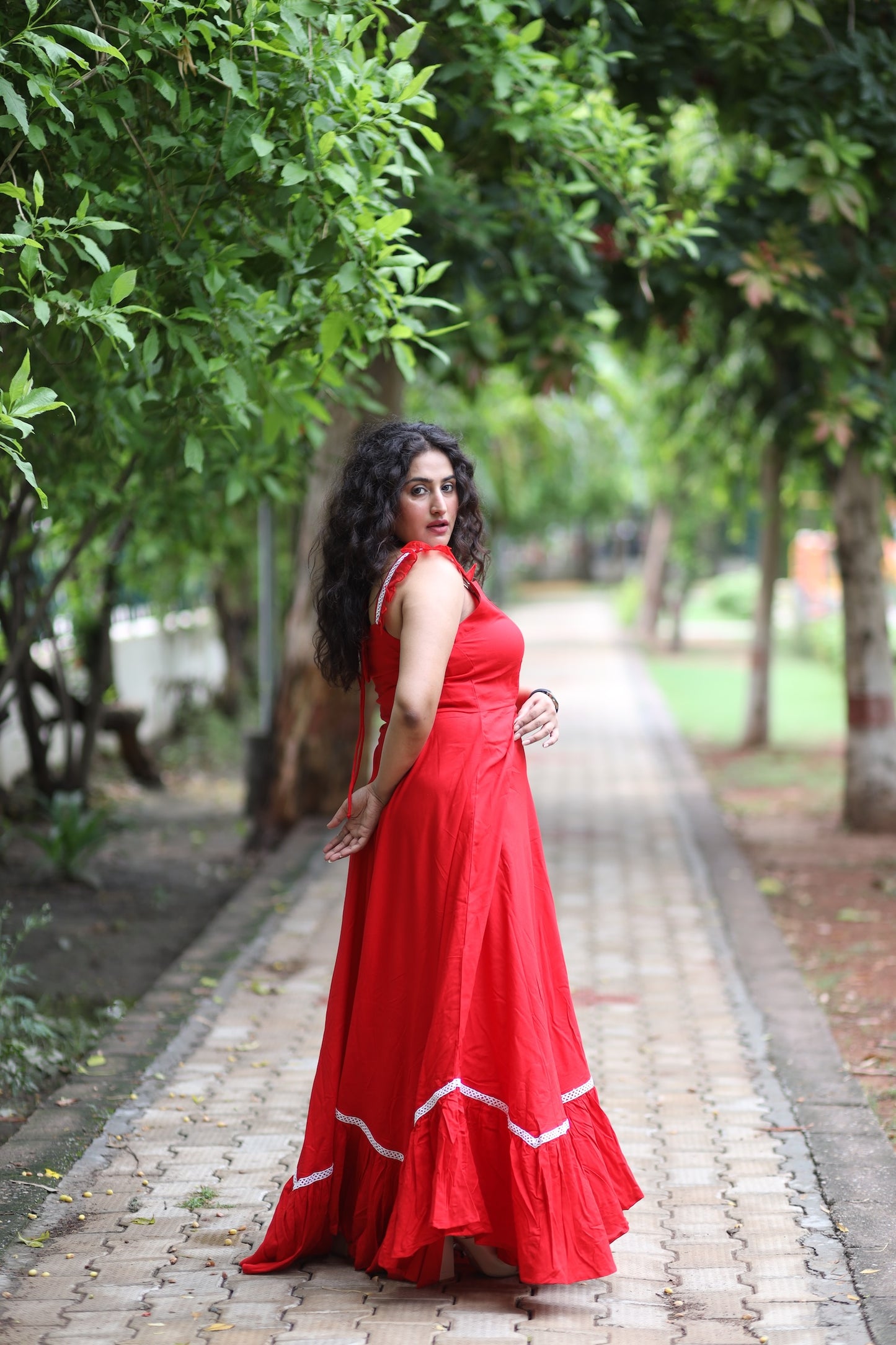 Red Cotton Dress Strappy Frilled Sleeves