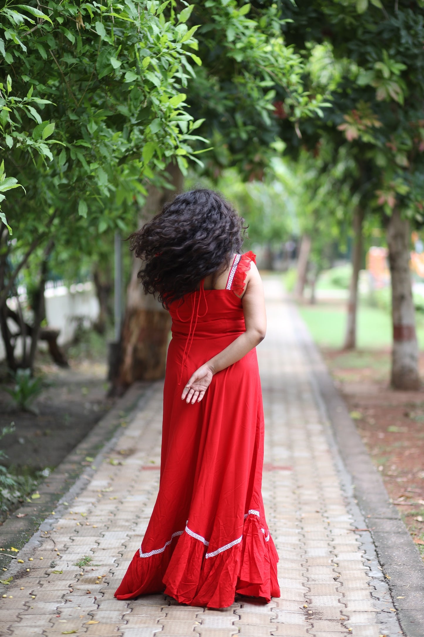 Red Cotton Dress Strappy Frilled Sleeves