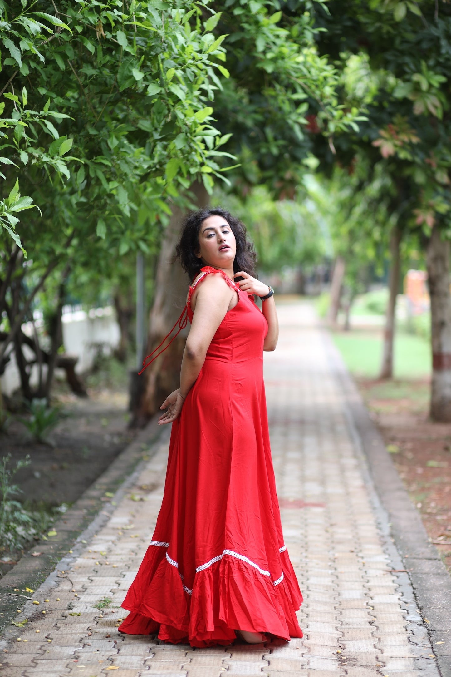 Red Cotton Dress Strappy Frilled Sleeves