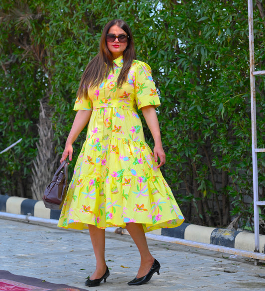 Adorable Lemon Floral Printed 2x2 Premium Cotton Dress