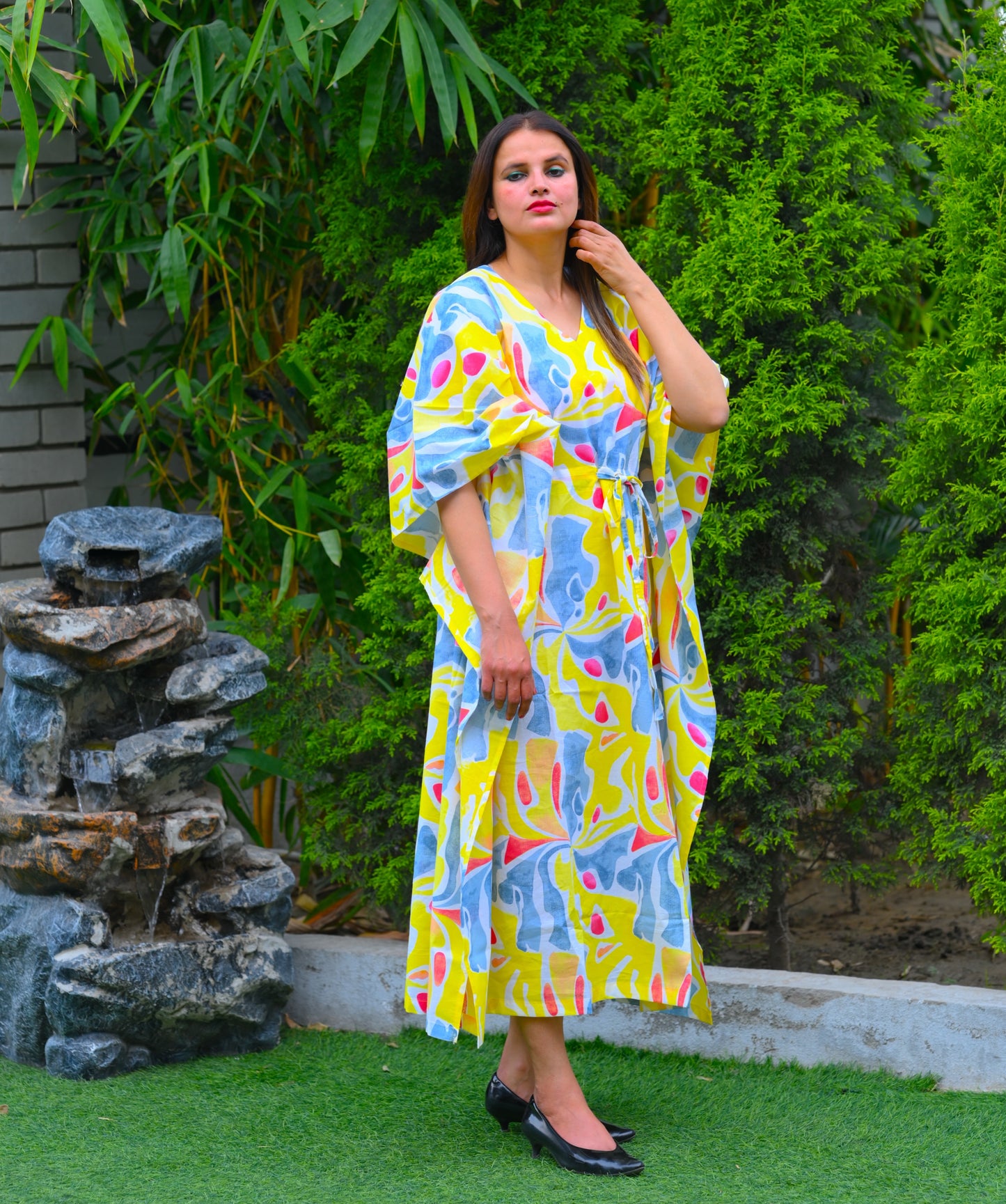 Beautiful Yellow Abstract 2x2 Premium Cotton Caftan