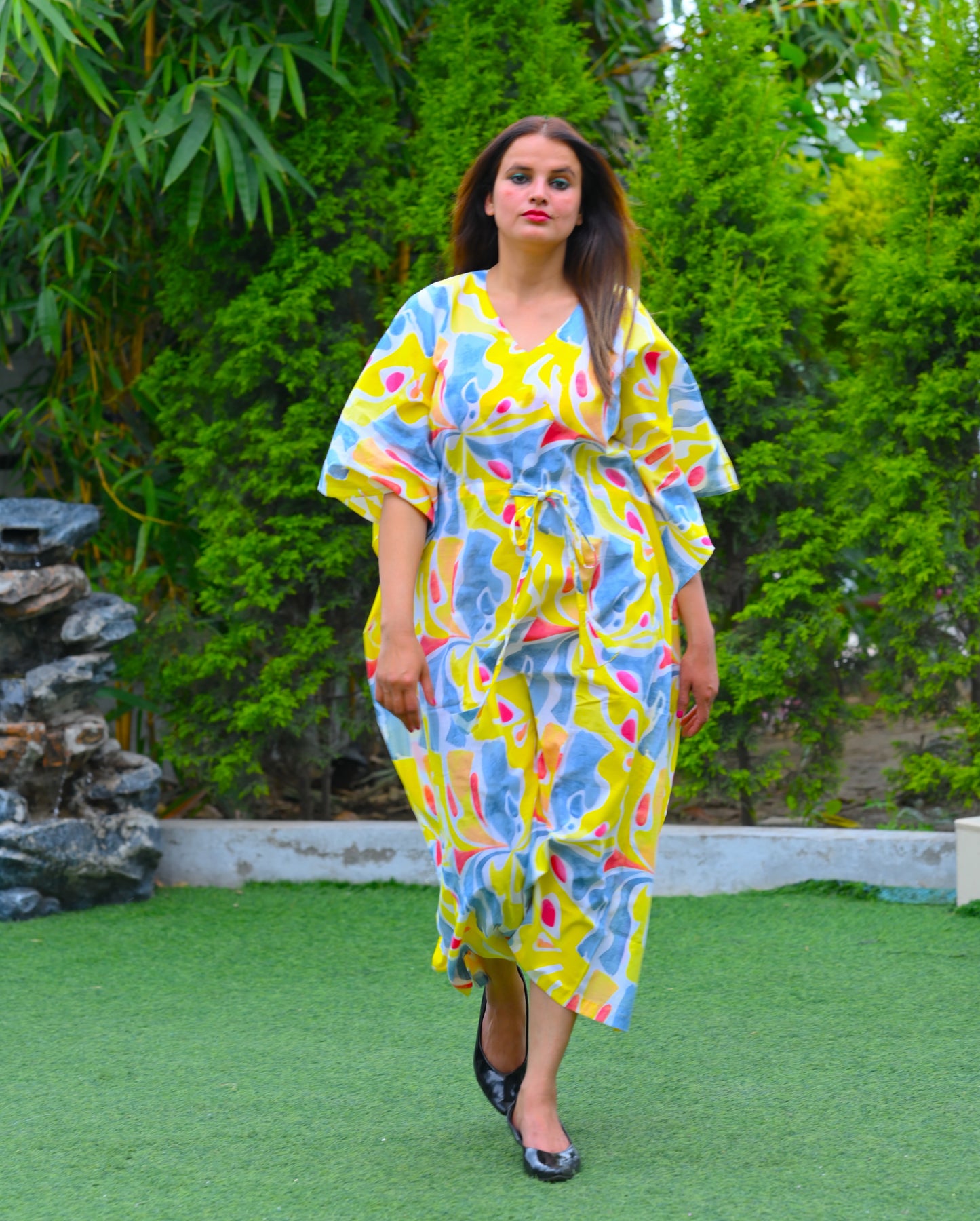 Beautiful Yellow Abstract 2x2 Premium Cotton Caftan