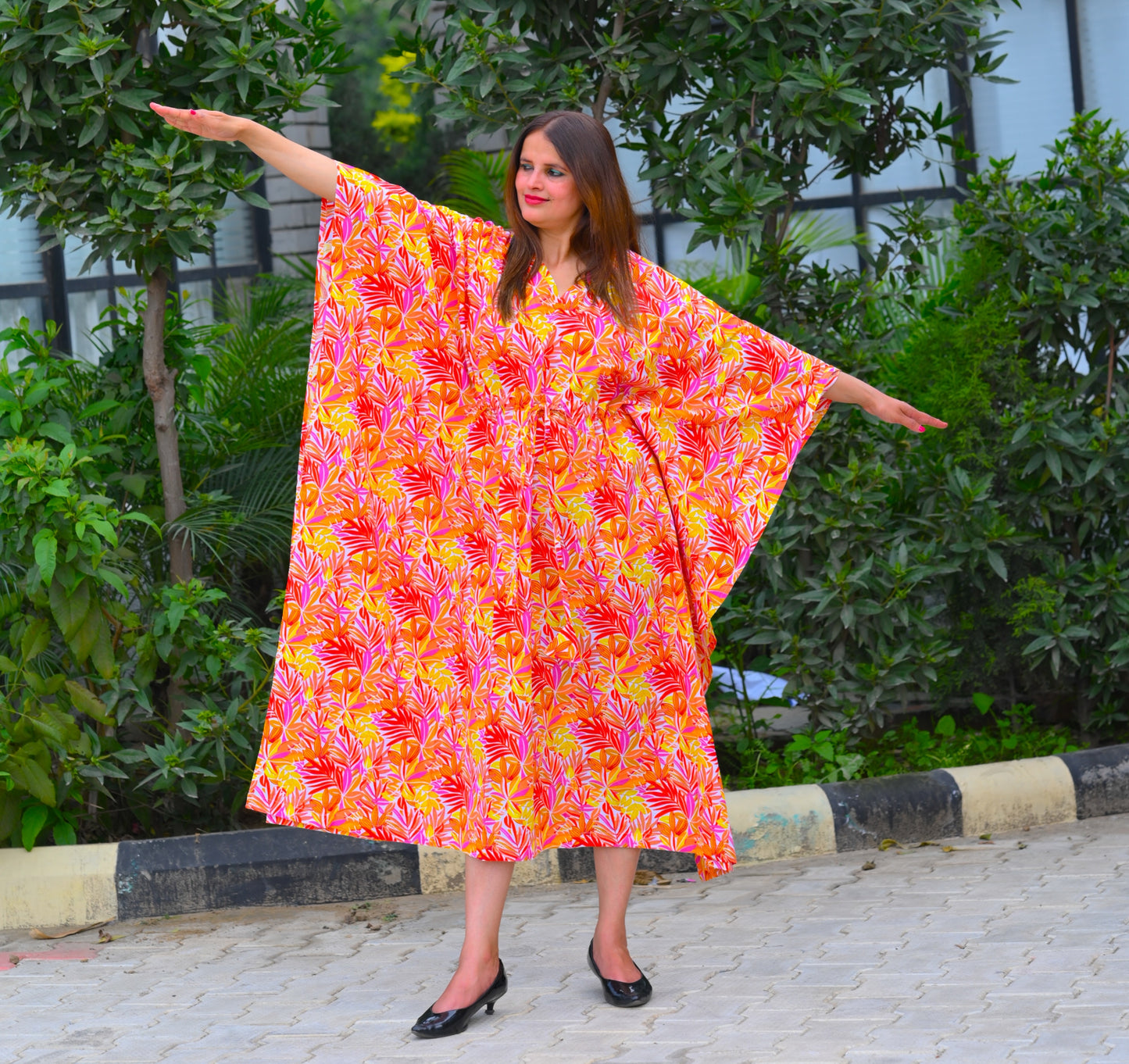 Aurora Orange Floral 2x2 Premium Cotton Caftan