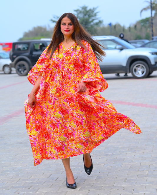 Aurora Orange Floral 2x2 Premium Cotton Caftan