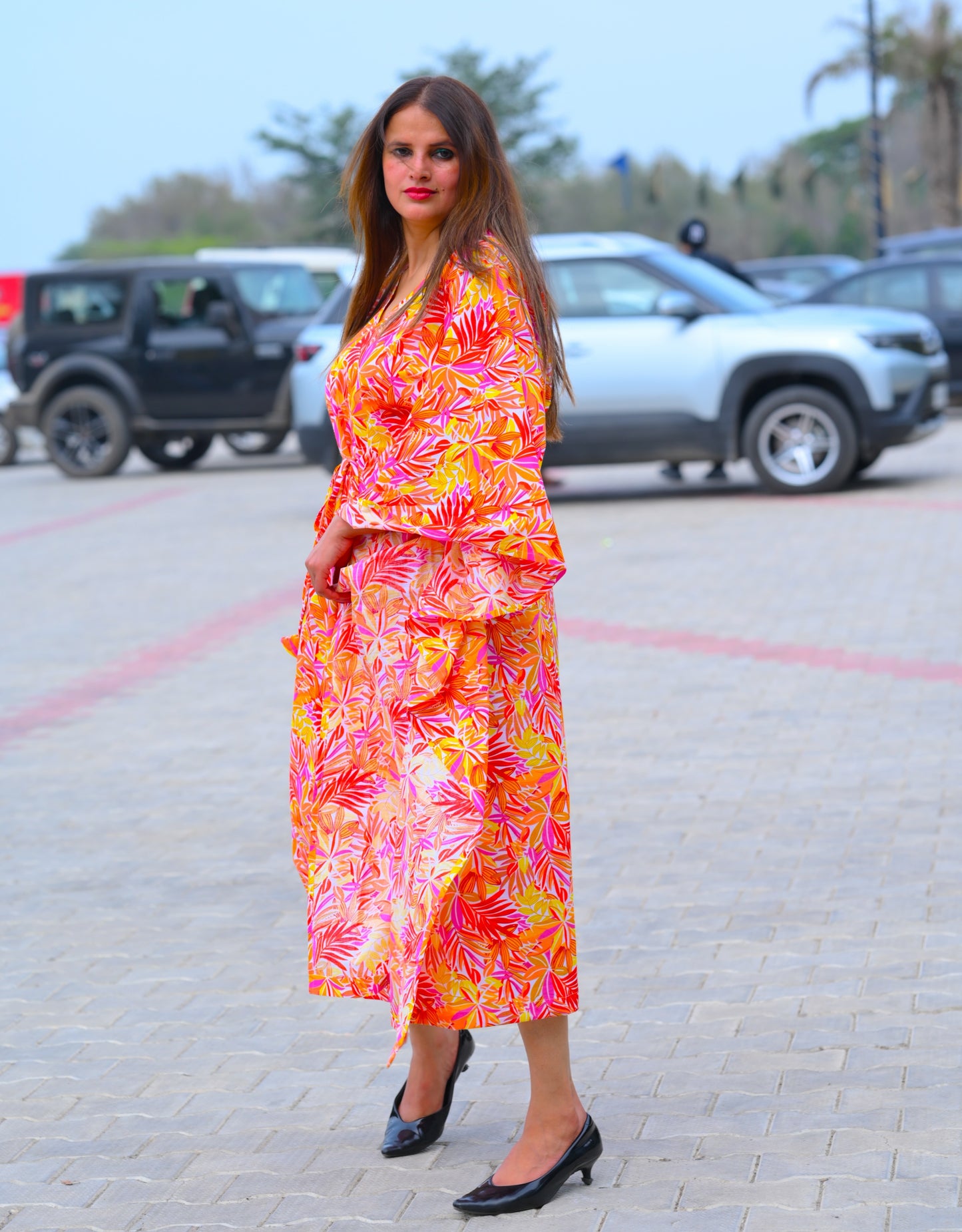 Aurora Orange Floral 2x2 Premium Cotton Caftan