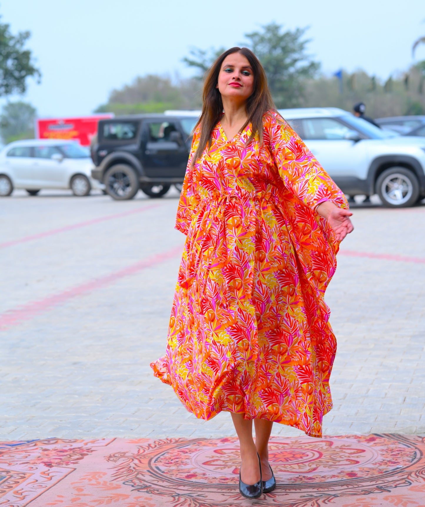 Aurora Orange Floral 2x2 Premium Cotton Caftan