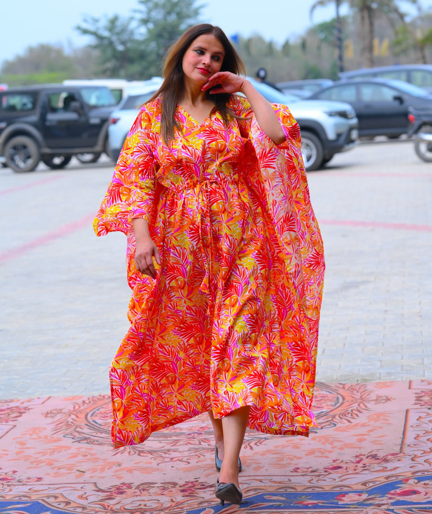 Aurora Orange Floral 2x2 Premium Cotton Caftan